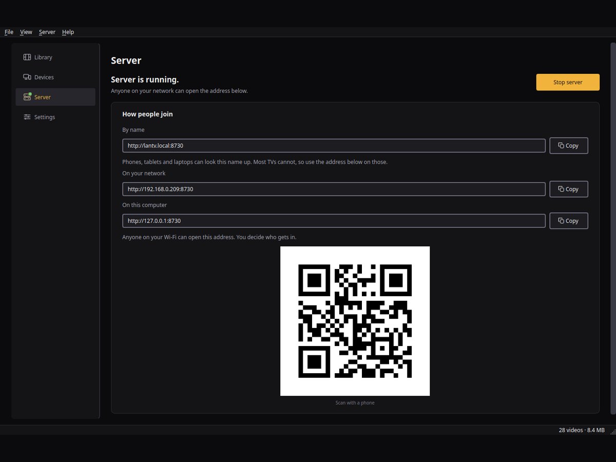 The lantv window showing its Server page: the address to open on the network, and a QR code to scan with a phone.