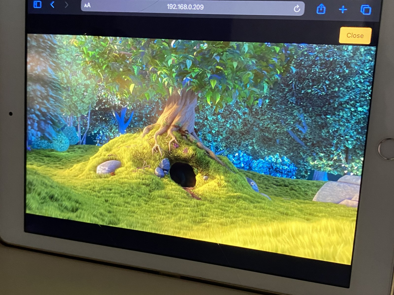 An iPad on a table playing Big Buck Bunny in Safari, the address bar showing 192.168.0.209.